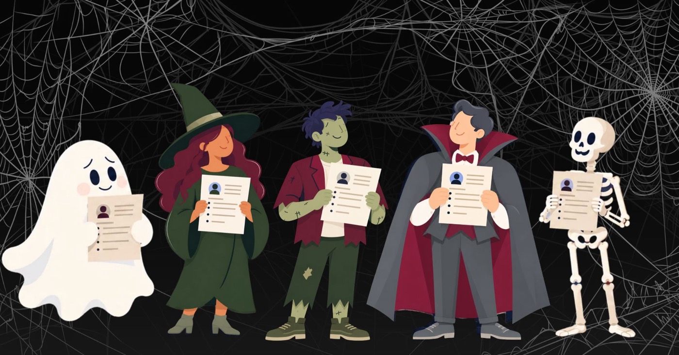 Illustration of a ghost, witch, zombie, vampire, and skeleton each holding a resume against a cobweb background